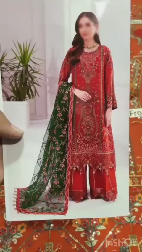 Rust Orange Luxury Embroidered Lawn Suit 3 Piece