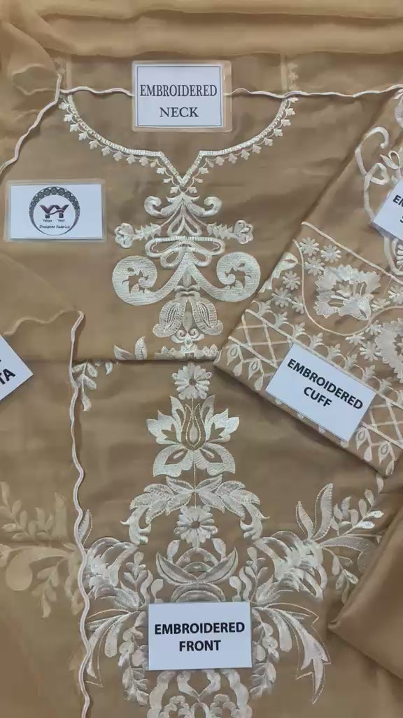 Premium Charmuse Silk Embroidered Suit with Chiffon Dupatta (Camel Gold)