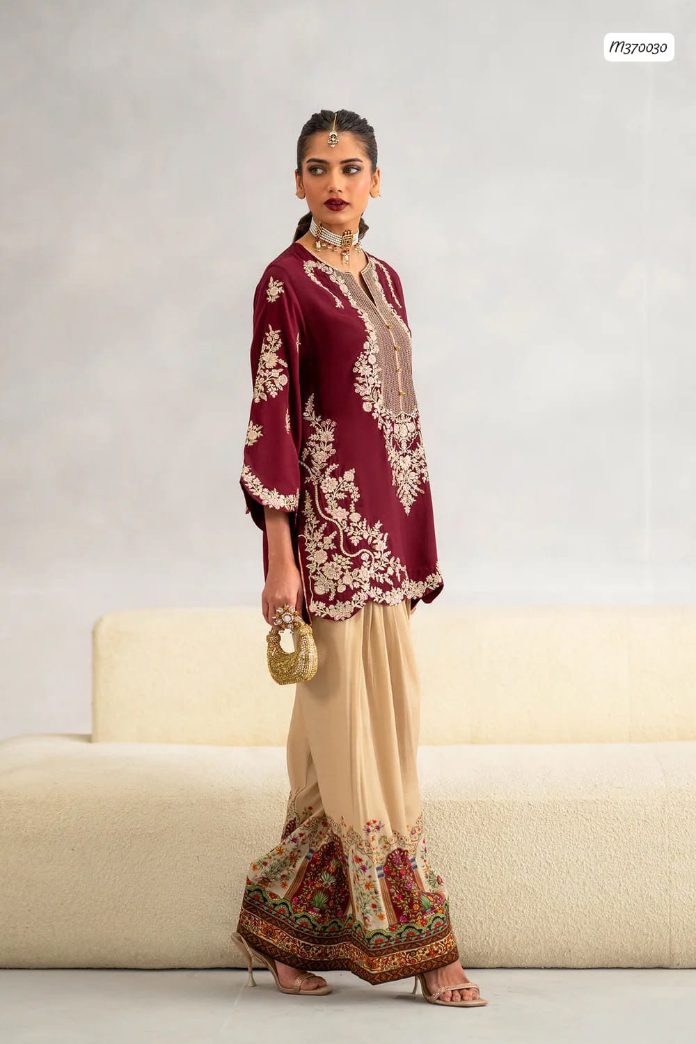 Outqlaas- Embroidered Raw Silk Ensemble (Deep Maroon)