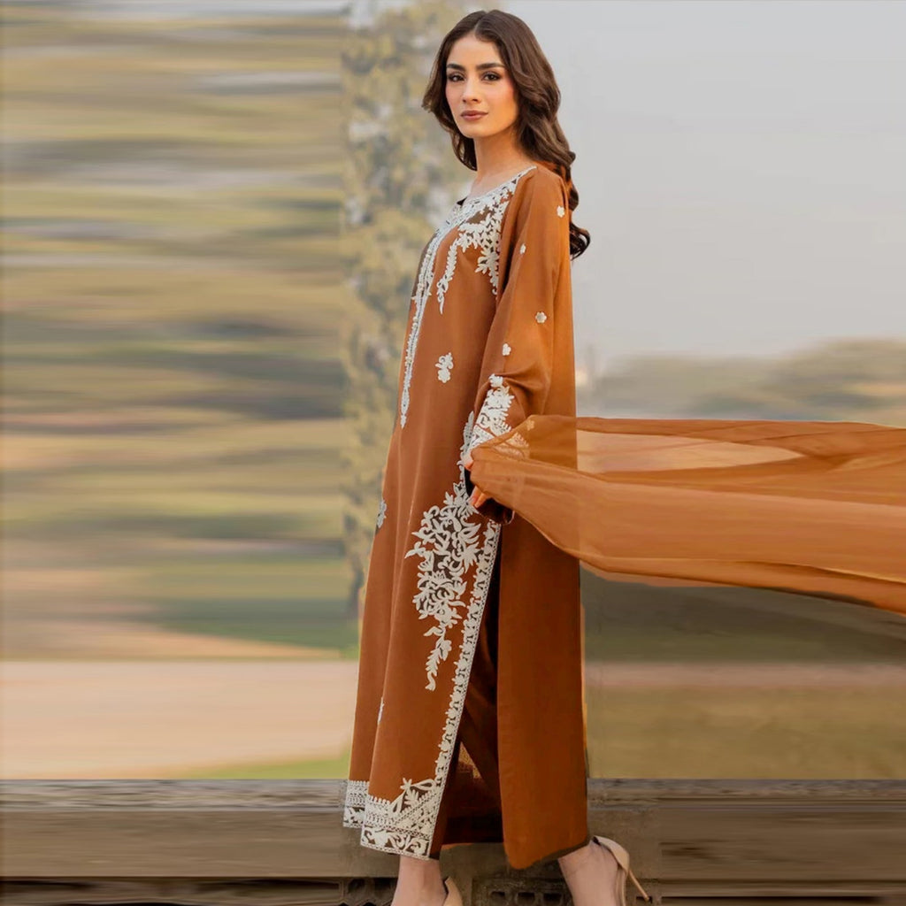 Amber Glow – 3pc unstitched Embroidered Lawn Suit (Inspired by Mirana HB-200333)