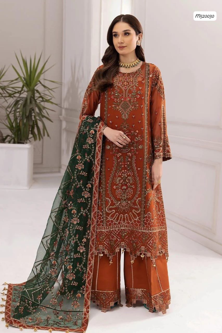 Rust Orange Luxury Embroidered Lawn Suit 3 Piece