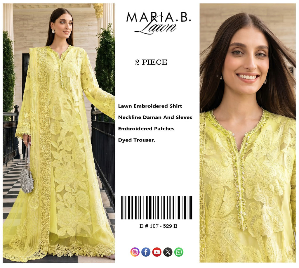 Maria.B. Inspired 2-Piece unstitched Embroidered Lawn Suit - Lime Yellow)