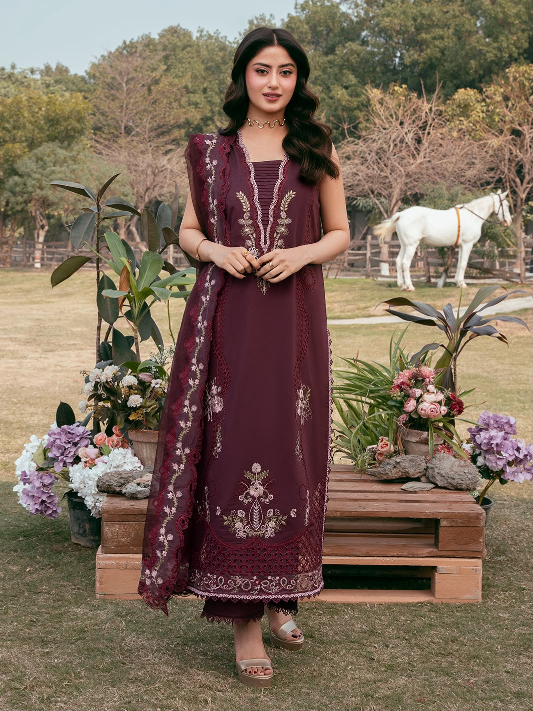 Plum/Maroon Heavy Embroidered 3-Piece Suit