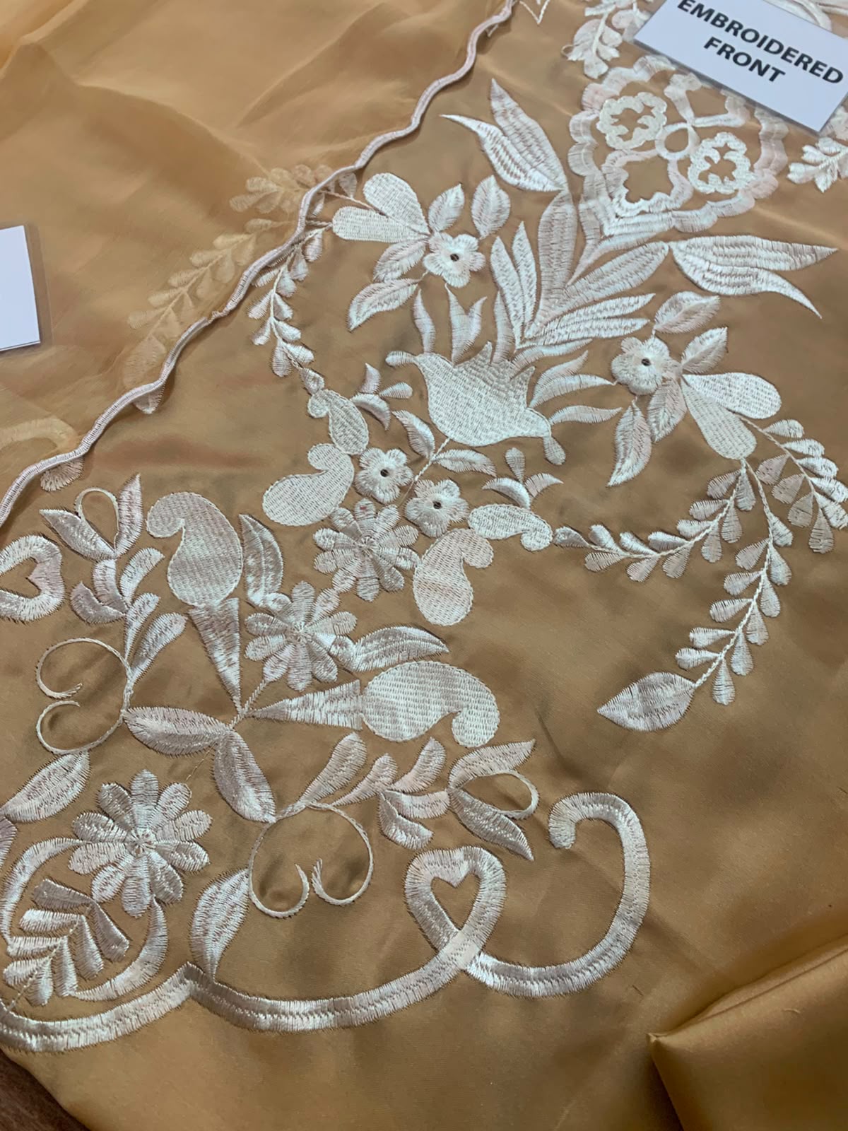 Premium Charmuse Silk Embroidered Suit with Chiffon Dupatta (Camel Gold)