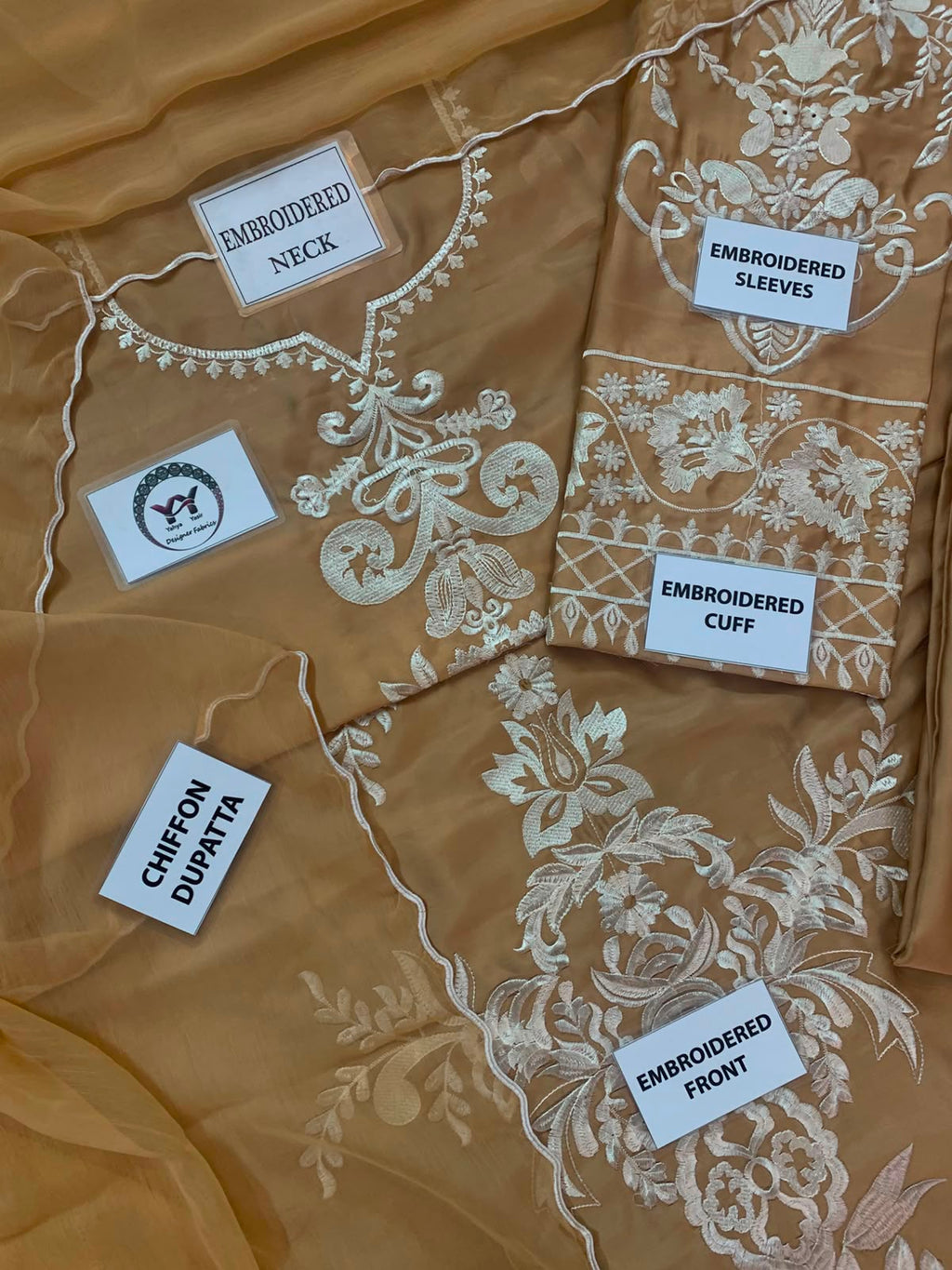 Premium Charmuse Silk Embroidered Suit with Chiffon Dupatta (Camel Gold)