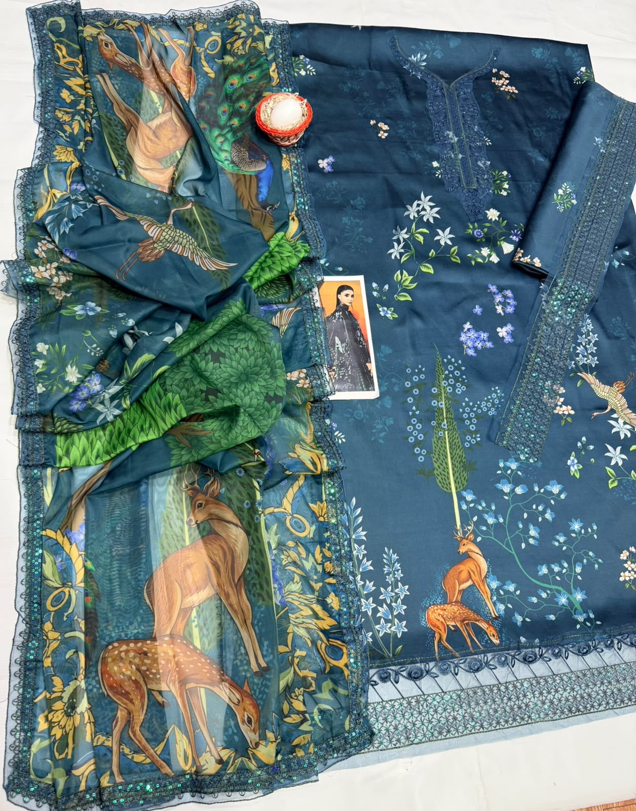 Teal Green Digital Print Silk Suit