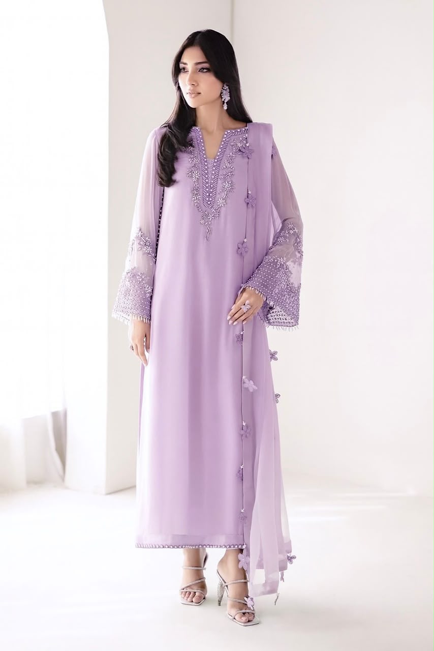 Outqlaas - Luxury Chiffon Hand Embellished Festive 3-Piece Suit