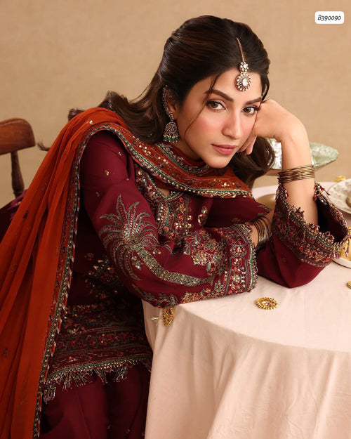 Outqlaas -  Brand Inspired  3-Piece Heavy Embroidered Chiffon Suit