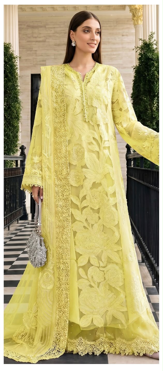 Maria.B. Inspired 2-Piece unstitched Embroidered Lawn Suit - Lime Yellow)