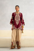 Outqlaas- Embroidered Raw Silk Ensemble (Deep Maroon)