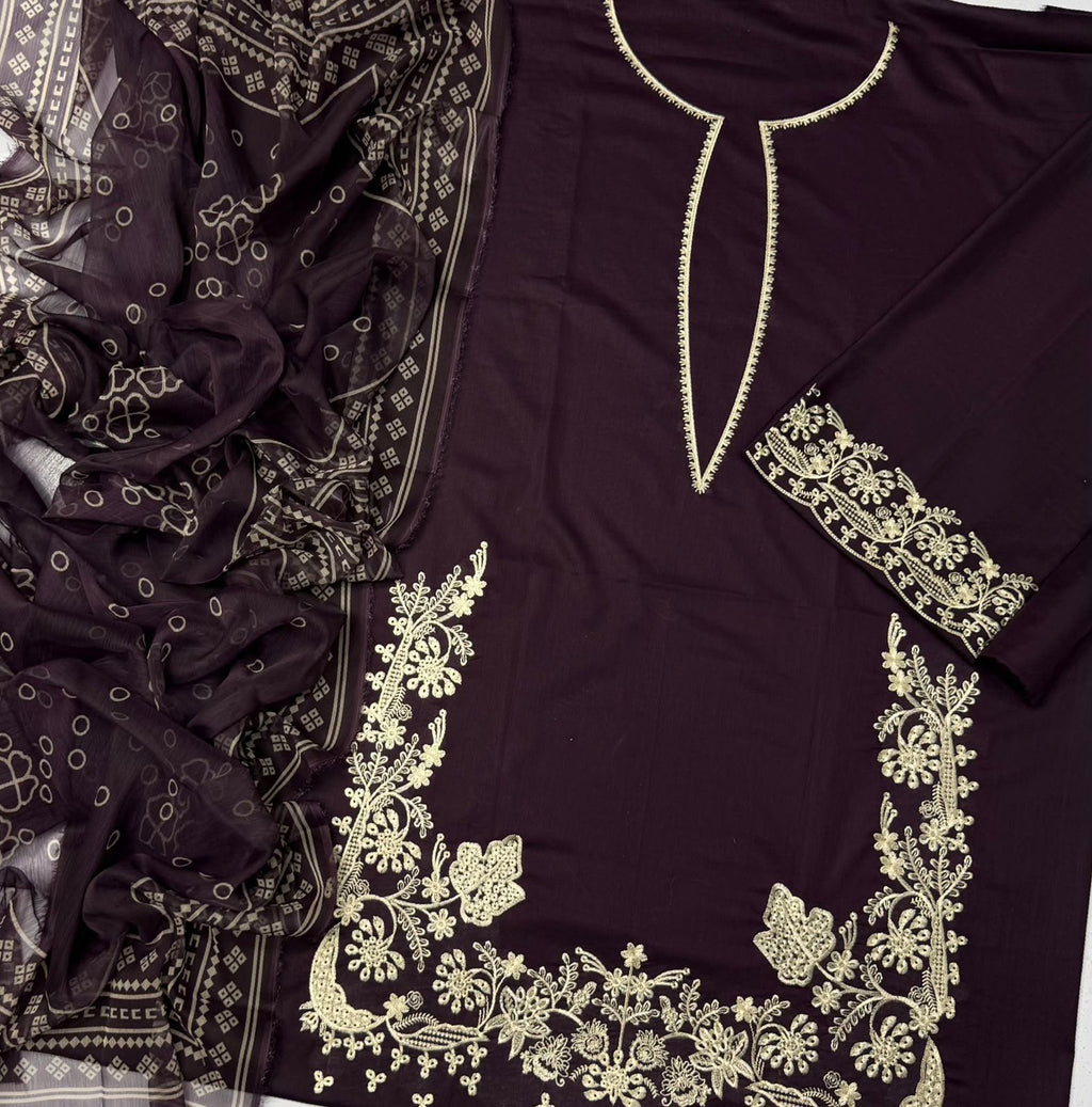 Deep Velvet Grape – 3pc unstitched Embroidered Lawn Suit (Inspired by Garnet CB-6519)