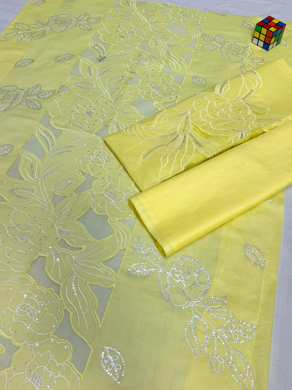 Maria.B. Inspired 2-Piece unstitched Embroidered Lawn Suit - Lime Yellow)