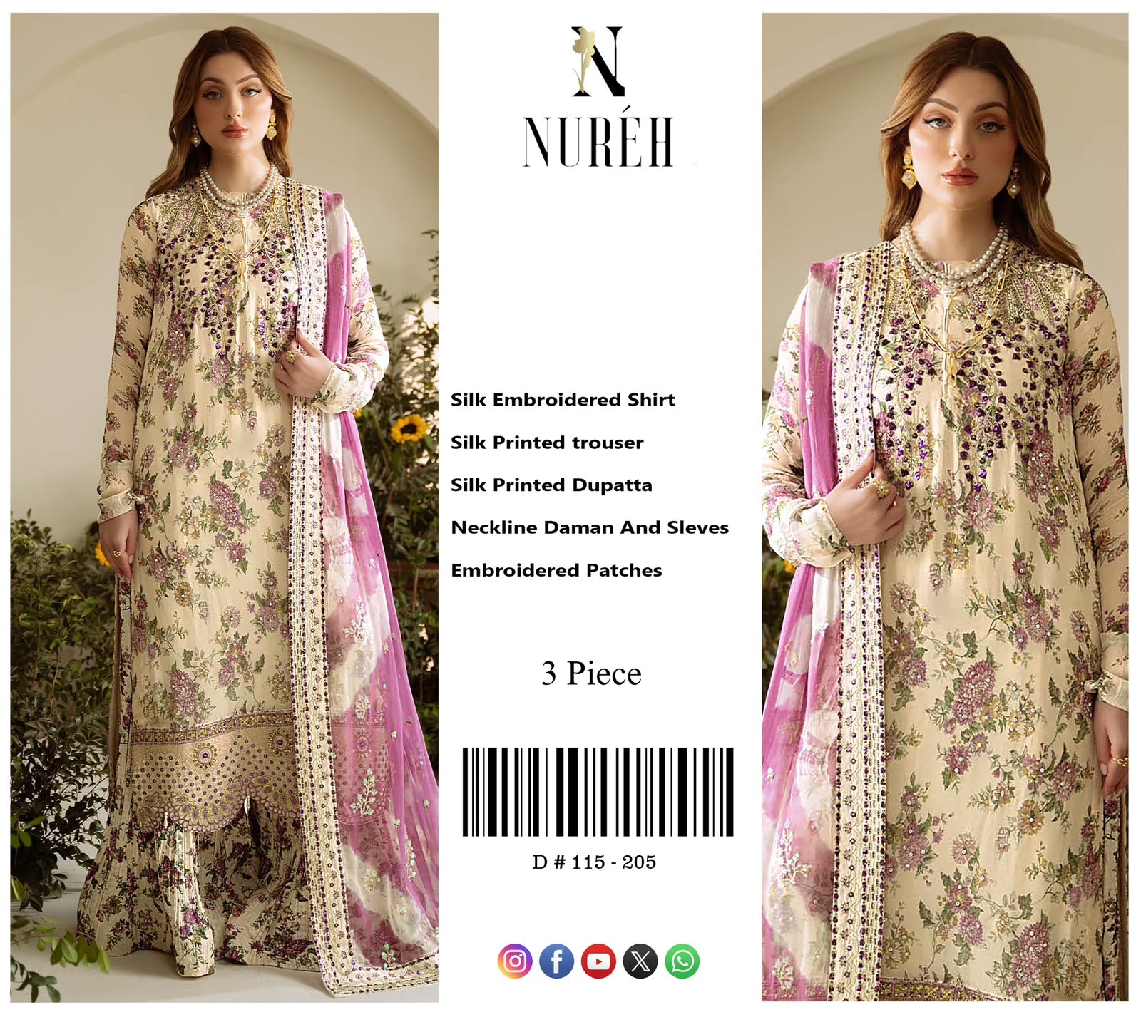Outqlaas Silk Collection - 3 Piece Embroidered Silk Suit