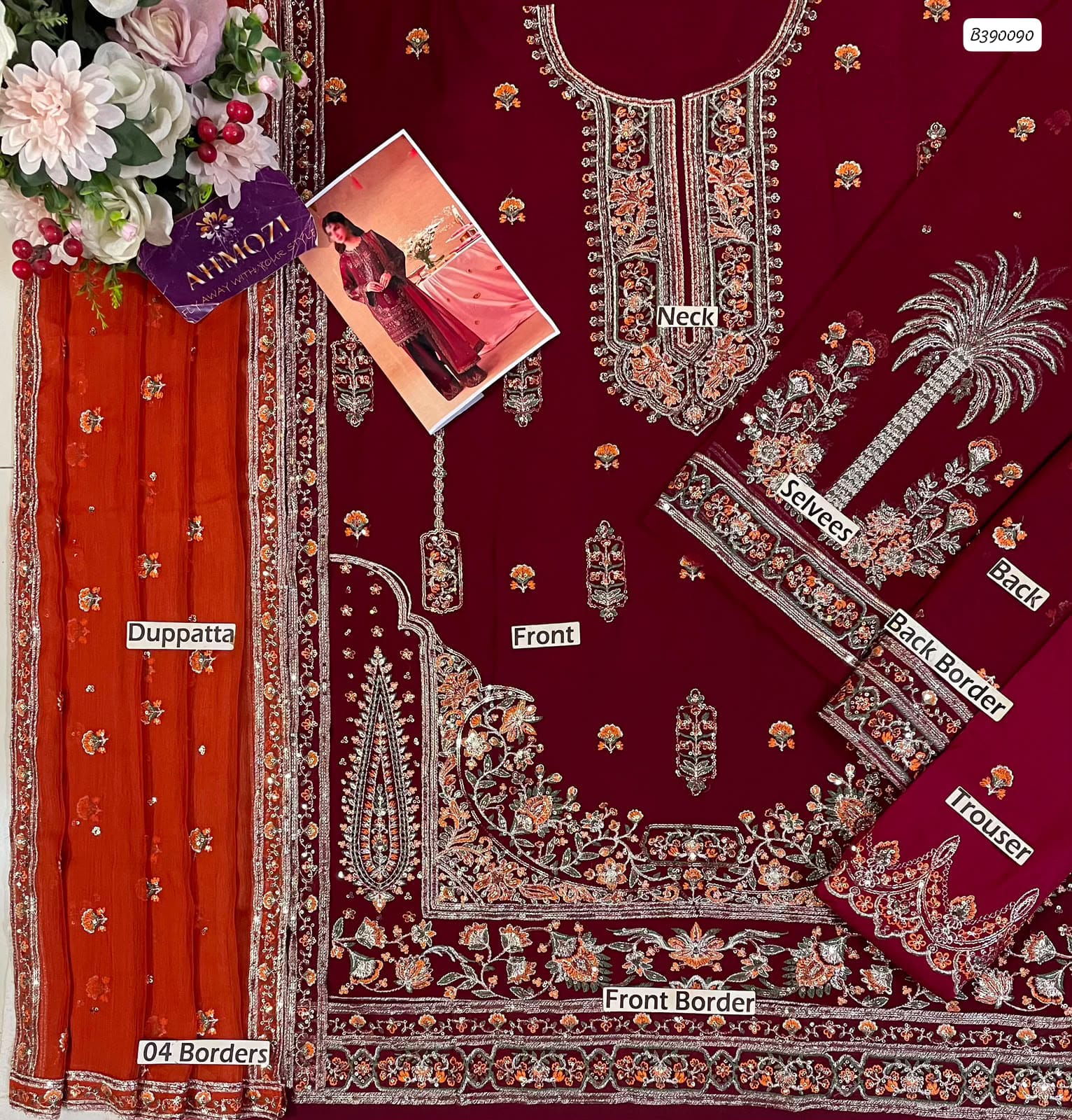 Outqlaas -  Brand Inspired  3-Piece Heavy Embroidered Chiffon Suit