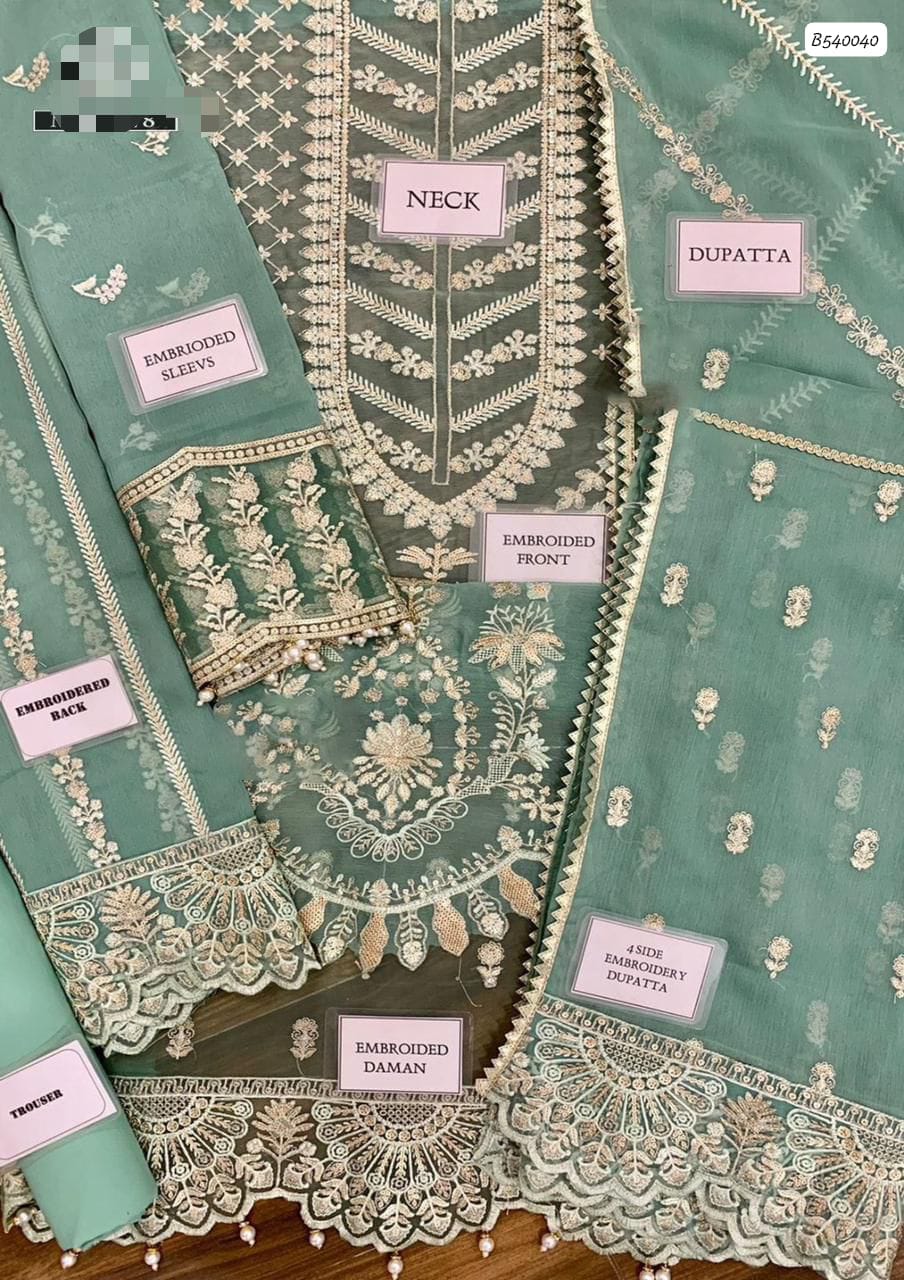 "Shenhai" Heavy Embroidered Chiffon 3-Piece Ensemble (Sea Green