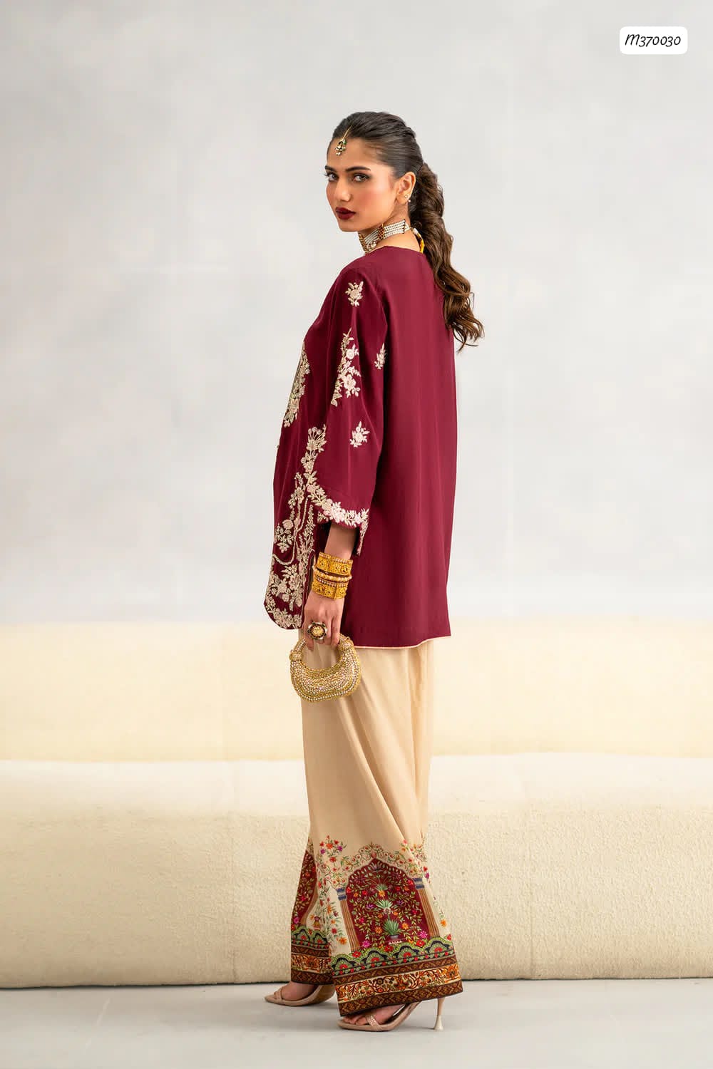 Outqlaas- Embroidered Raw Silk Ensemble (Deep Maroon)