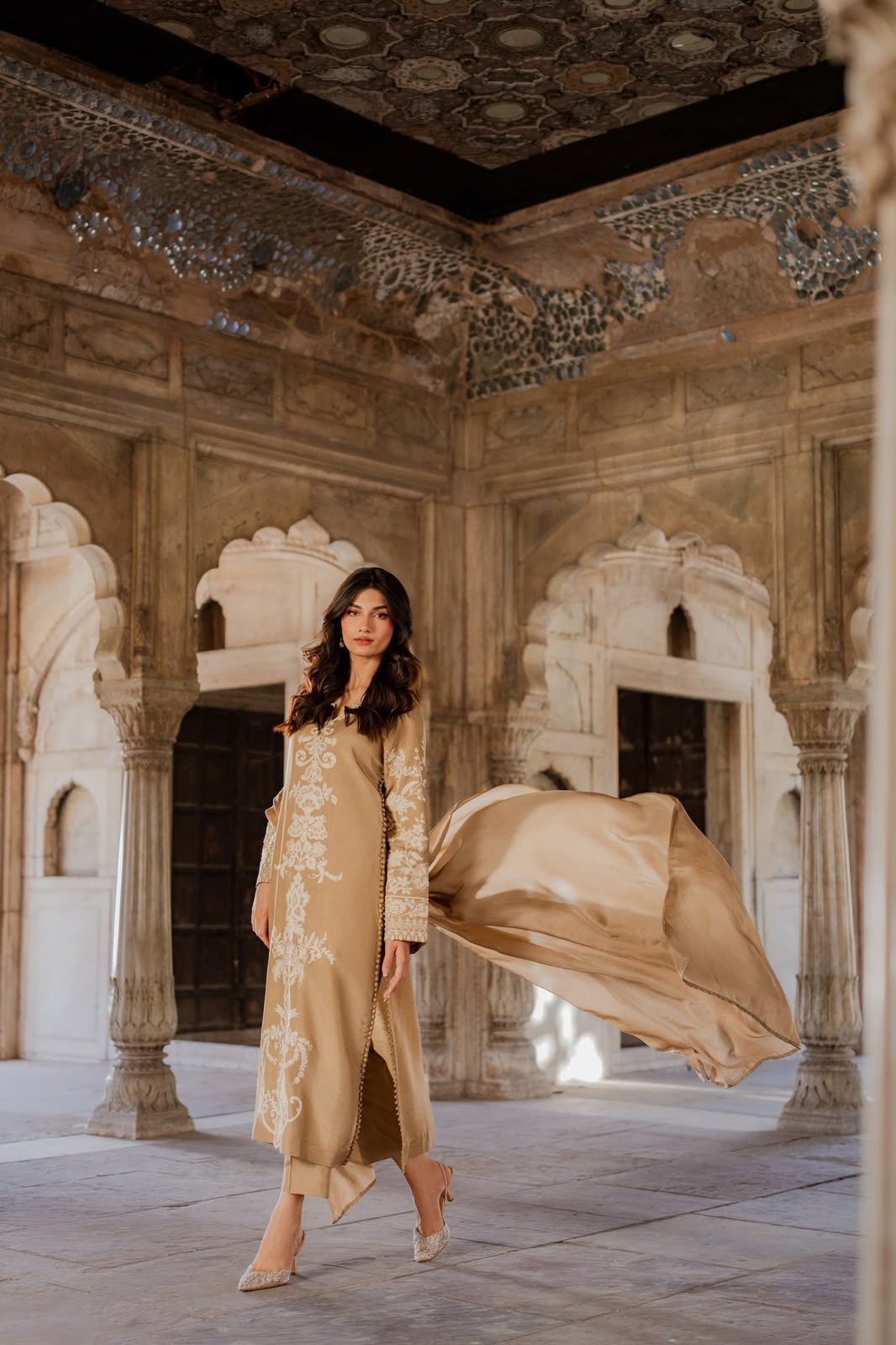 Premium Charmuse Silk Embroidered Suit with Chiffon Dupatta (Camel Gold)