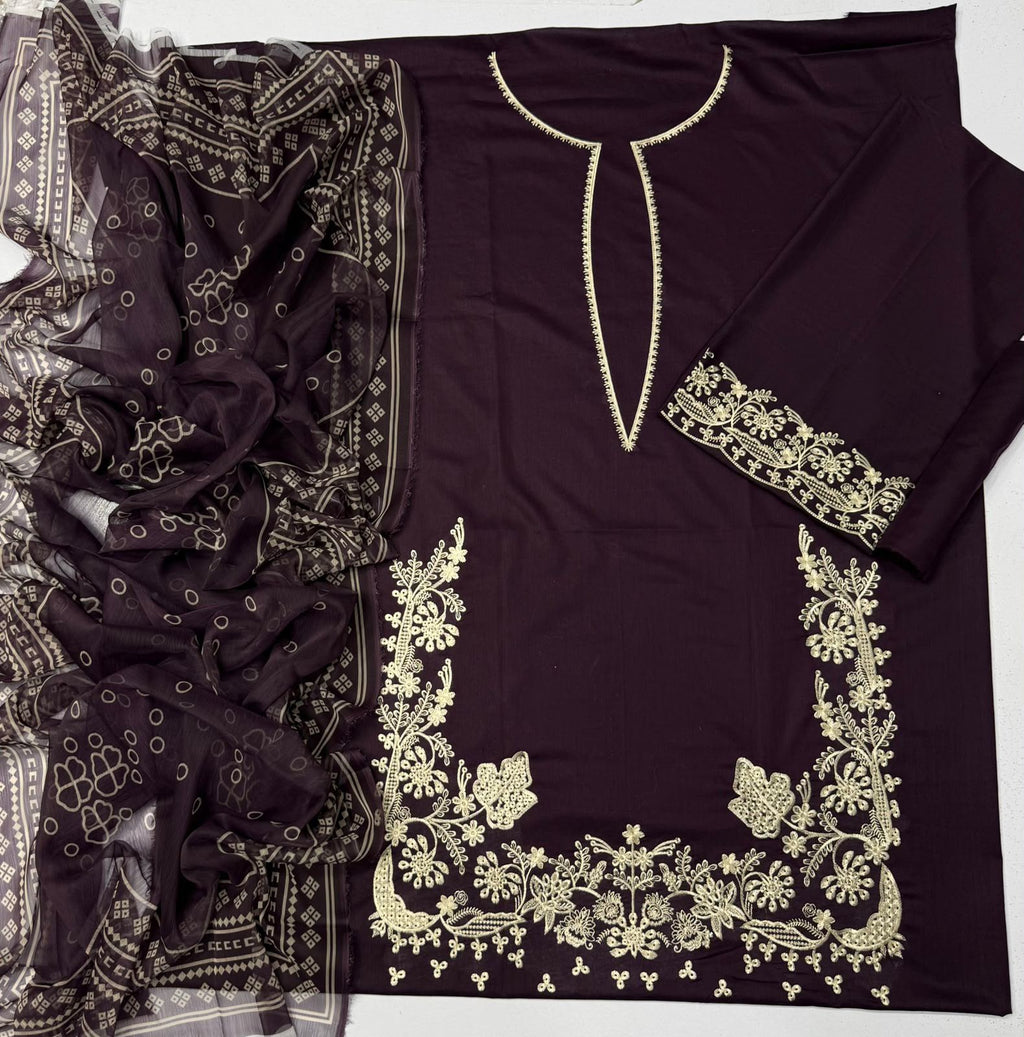 Deep Velvet Grape – 3pc unstitched Embroidered Lawn Suit (Inspired by Garnet CB-6519)