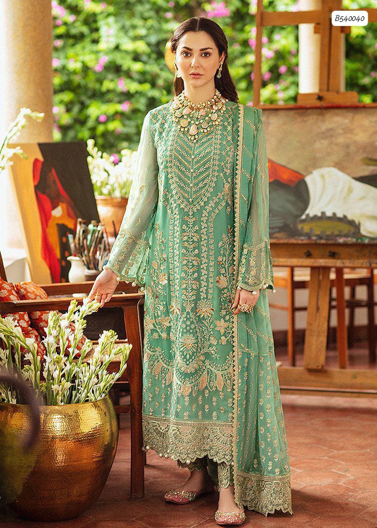 "Shenhai" Heavy Embroidered Chiffon 3-Piece Ensemble (Sea Green
