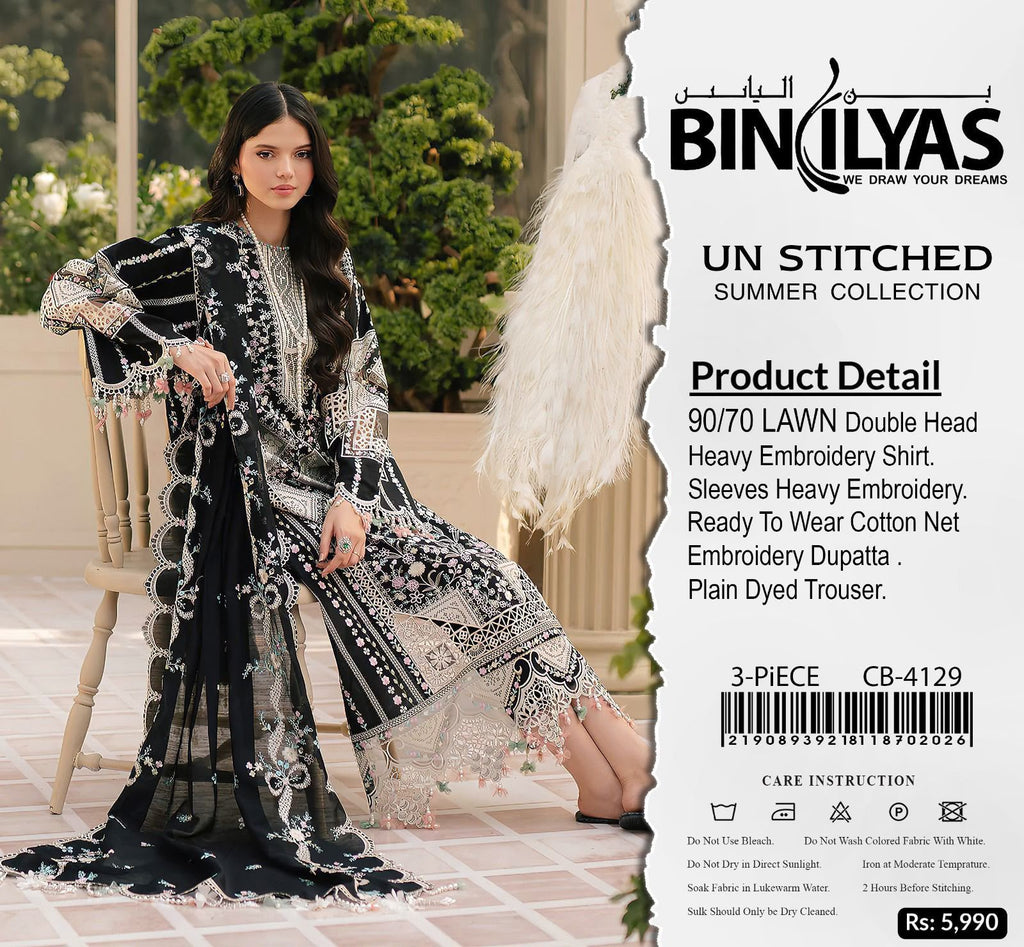 Midnight Pastel – 3pc unstitched Embroidered Lawn Suit (Inspired by Bin Ilyas CB-4129)