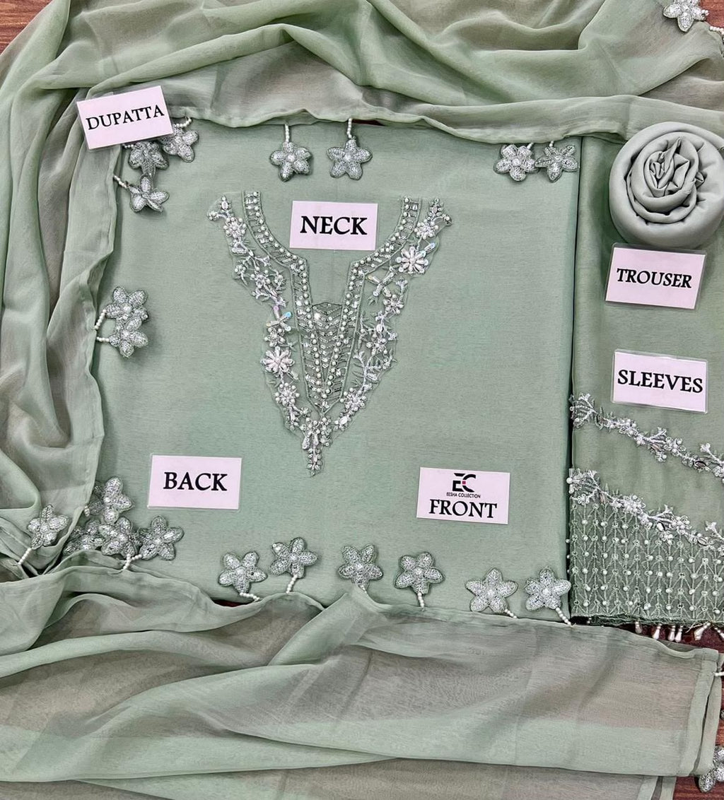 Outqlaas - Luxury Chiffon Hand Embellished Festive 3-Piece Suit