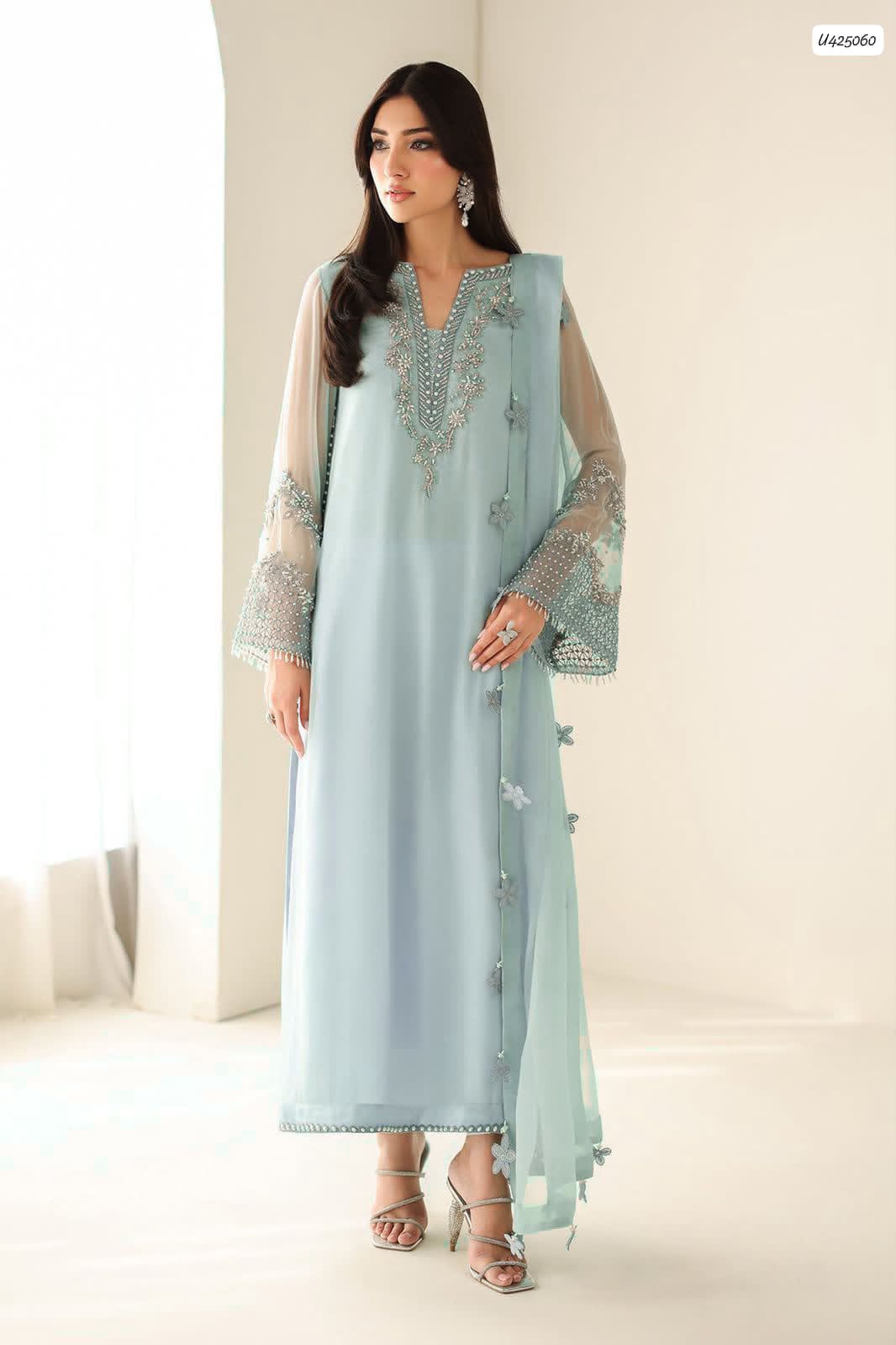 Outqlaas - Luxury Chiffon Hand Embellished Festive 3-Piece Suit