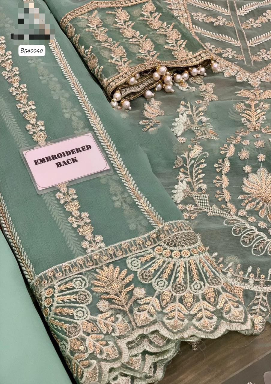 "Shenhai" Heavy Embroidered Chiffon 3-Piece Ensemble (Sea Green
