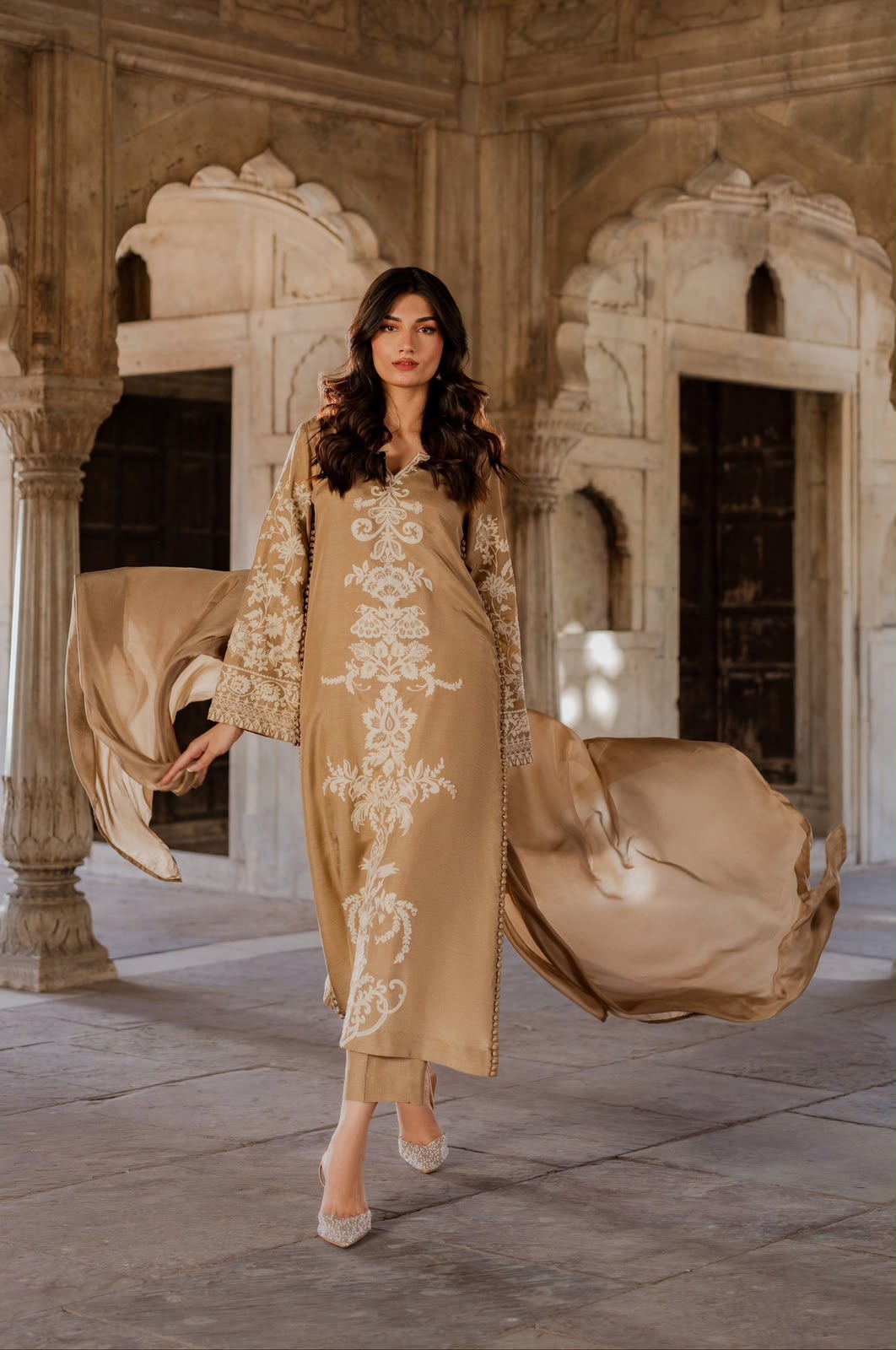 Premium Charmuse Silk Embroidered Suit with Chiffon Dupatta (Camel Gold)
