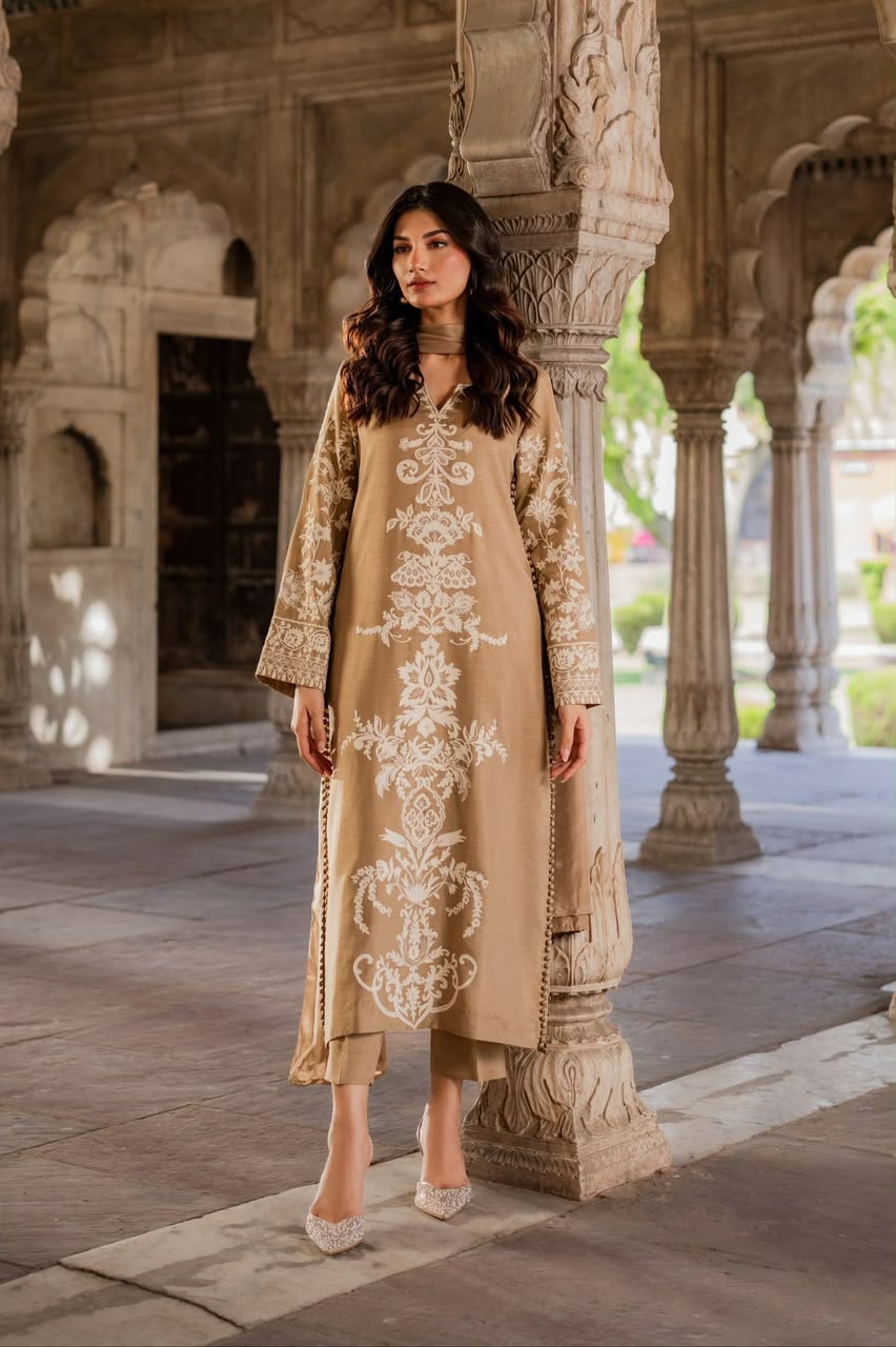 Premium Charmuse Silk Embroidered Suit with Chiffon Dupatta (Camel Gold)