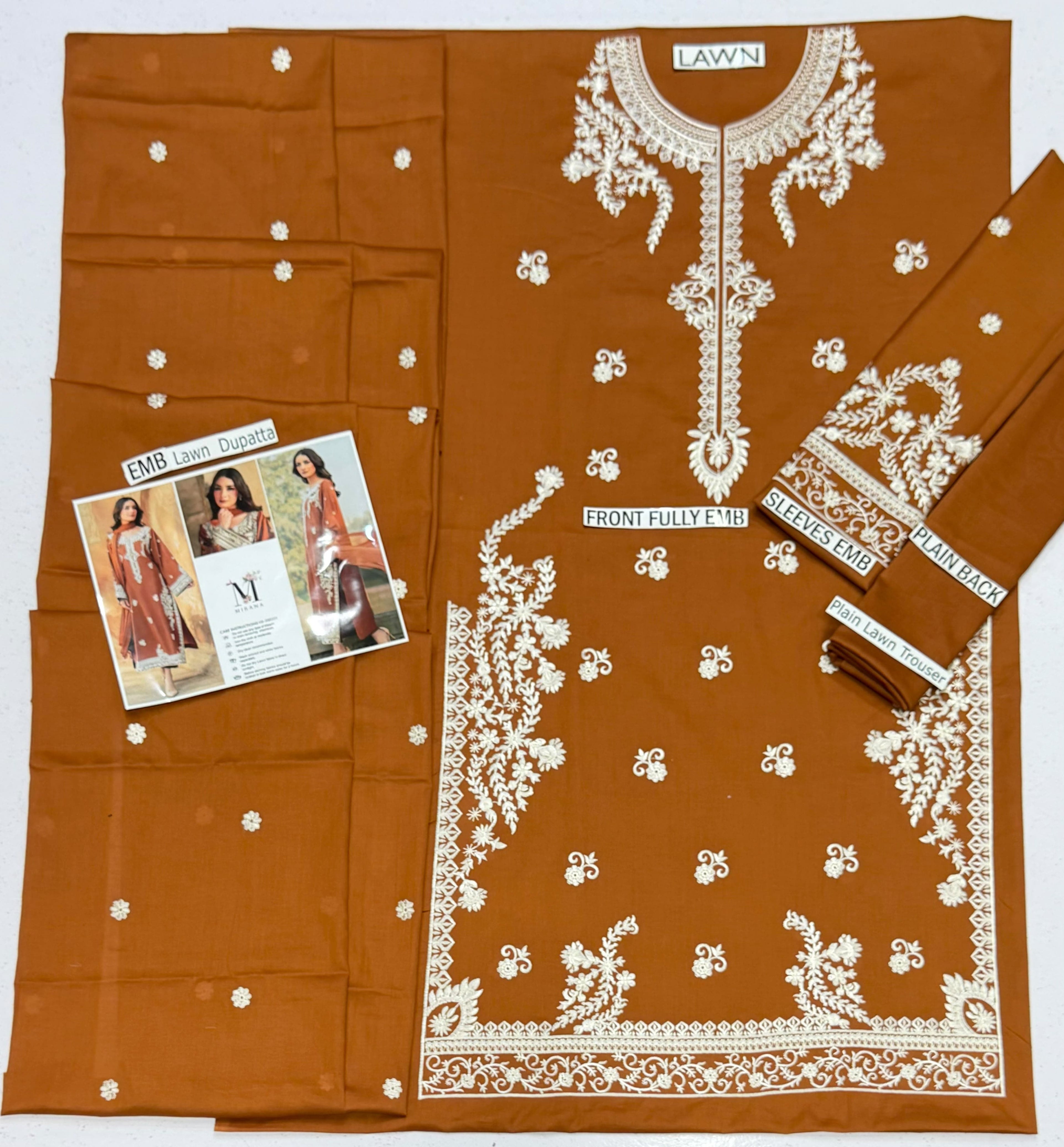 Amber Glow – 3pc unstitched Embroidered Lawn Suit (Inspired by Mirana HB-200333)