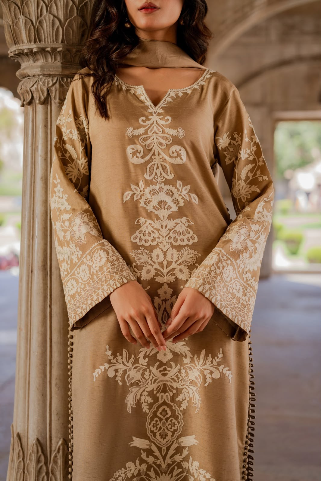 Premium Charmuse Silk Embroidered Suit with Chiffon Dupatta (Camel Gold)