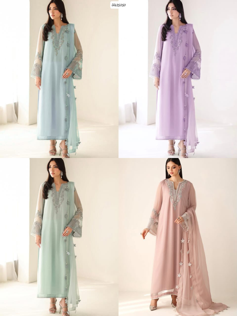 Outqlaas - Luxury Chiffon Hand Embellished Festive 3-Piece Suit