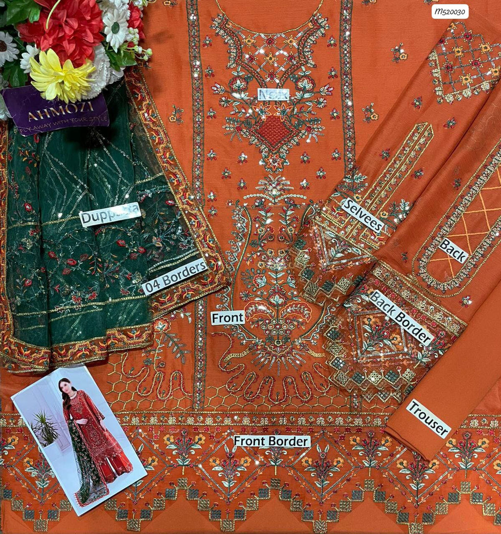 Rust Orange Luxury Embroidered Lawn Suit 3 Piece