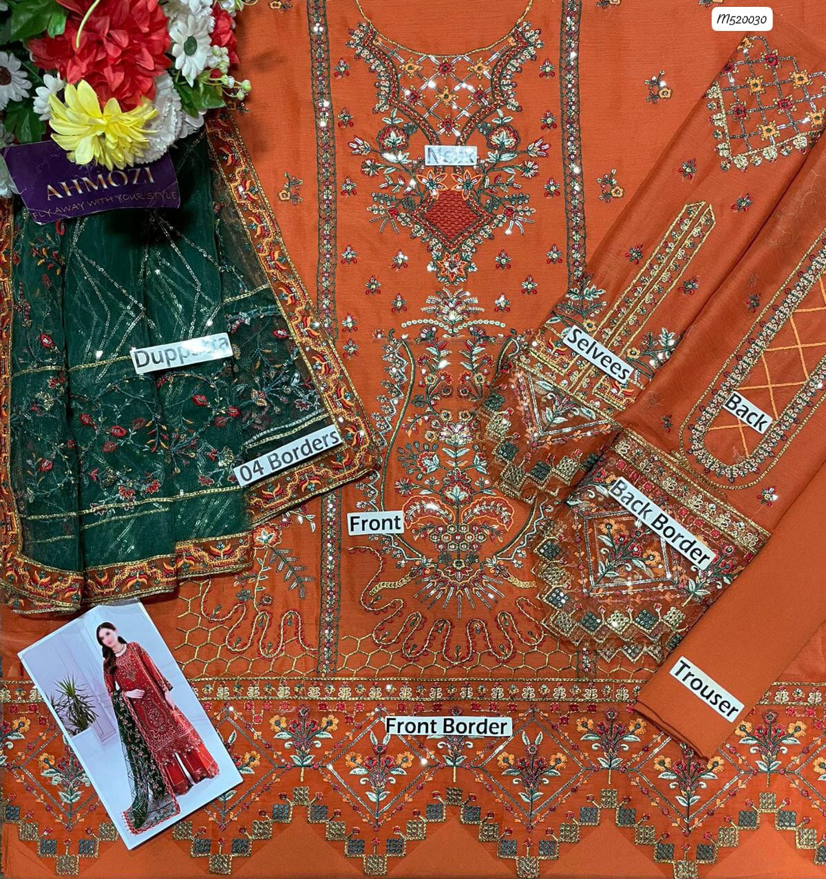 Rust Orange Luxury Embroidered Lawn Suit 3 Piece