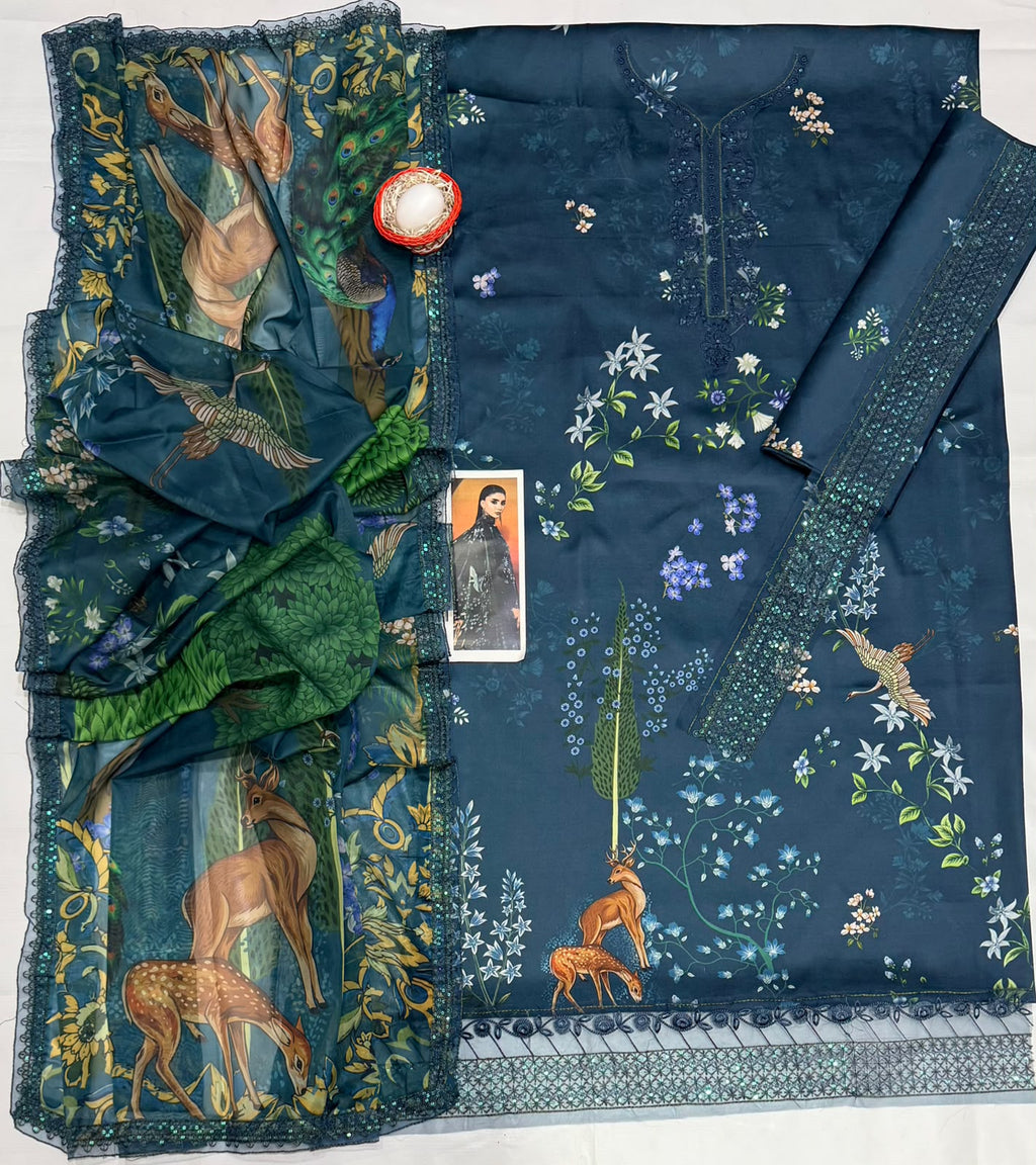 Teal Green Digital Print Silk Suit