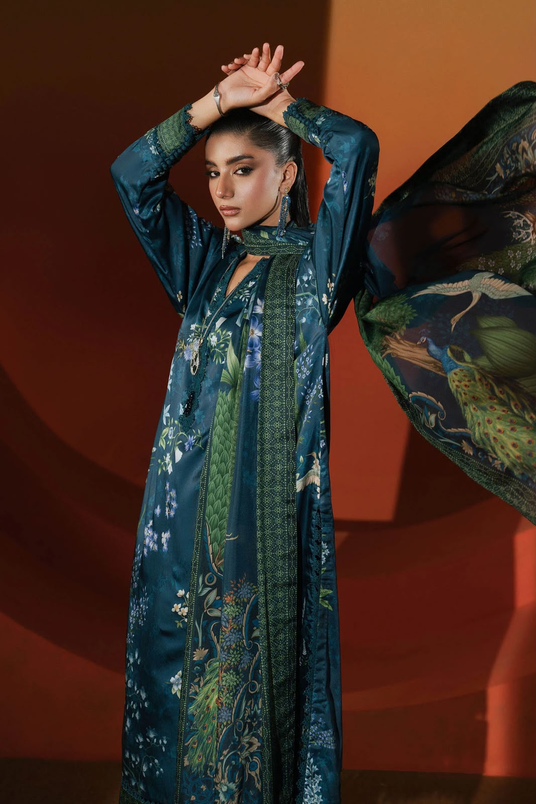 Teal Green Digital Print Silk Suit