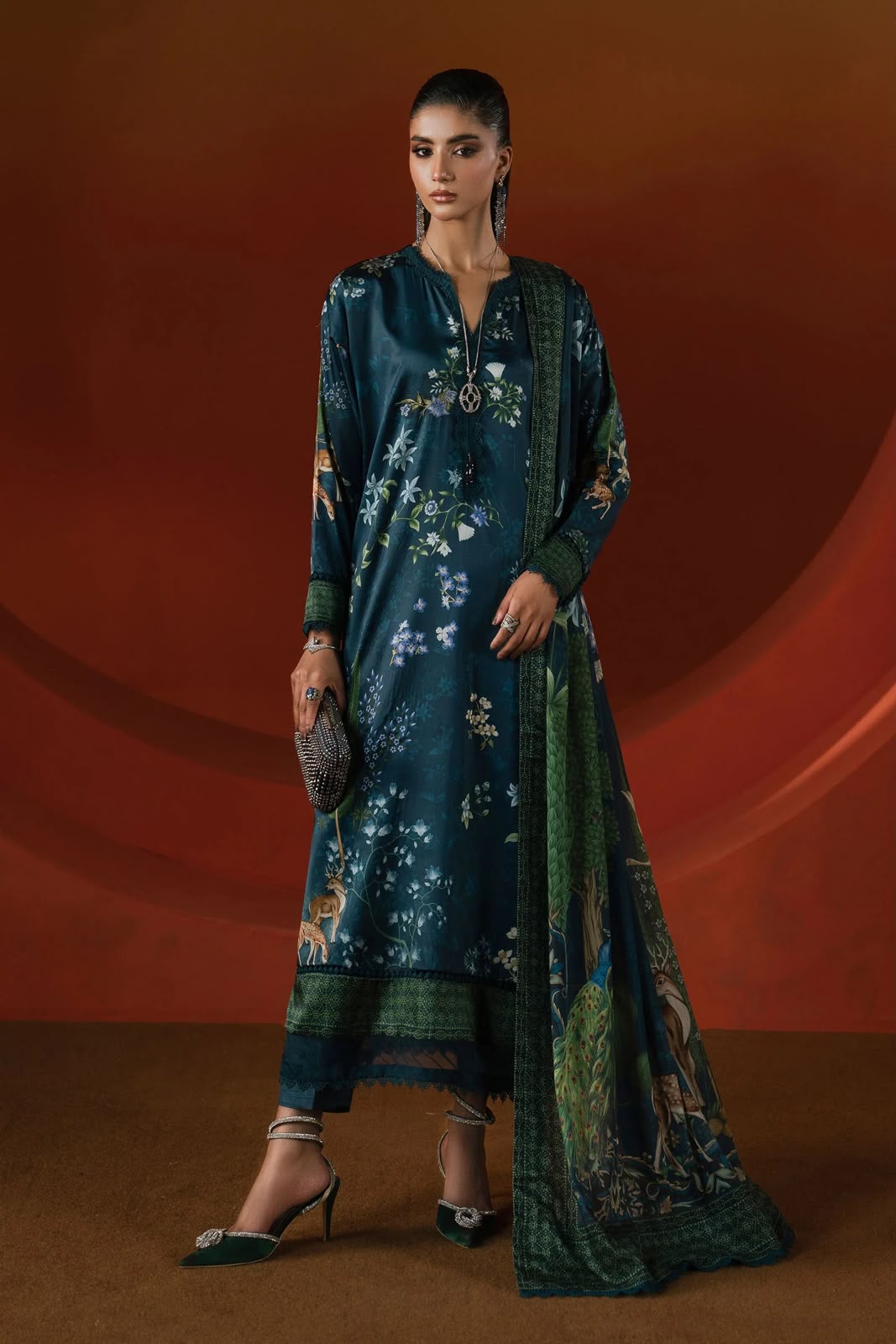 Teal Green Digital Print Silk Suit