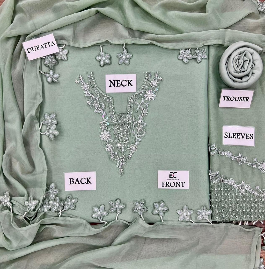 Outqlaas - Luxury Chiffon Hand Embellished Festive 3-Piece Suit