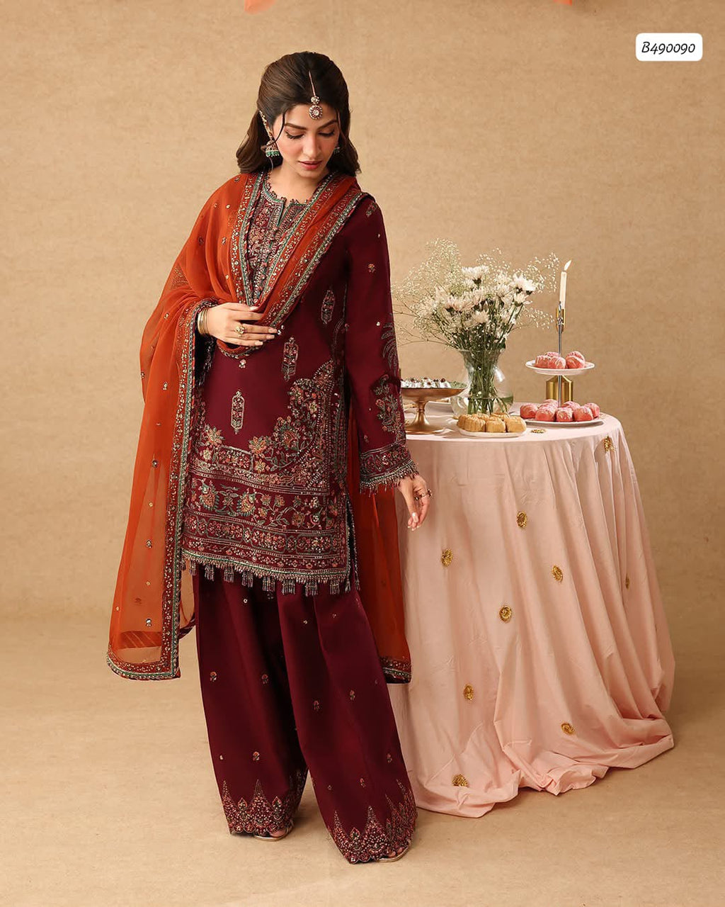Outqlaas -  Brand Inspired  3-Piece Heavy Embroidered Chiffon Suit
