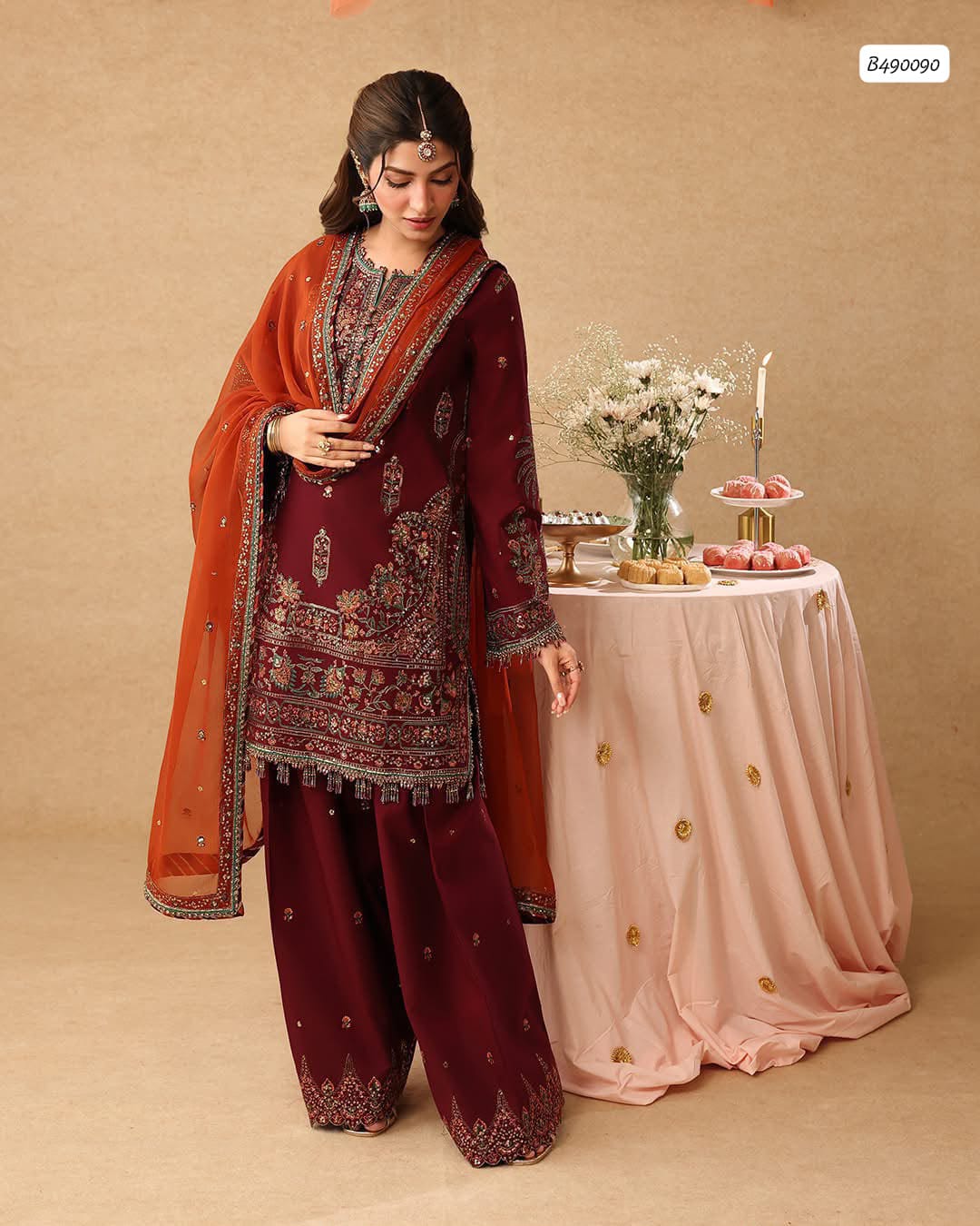 Outqlaas -  Brand Inspired  3-Piece Heavy Embroidered Chiffon Suit