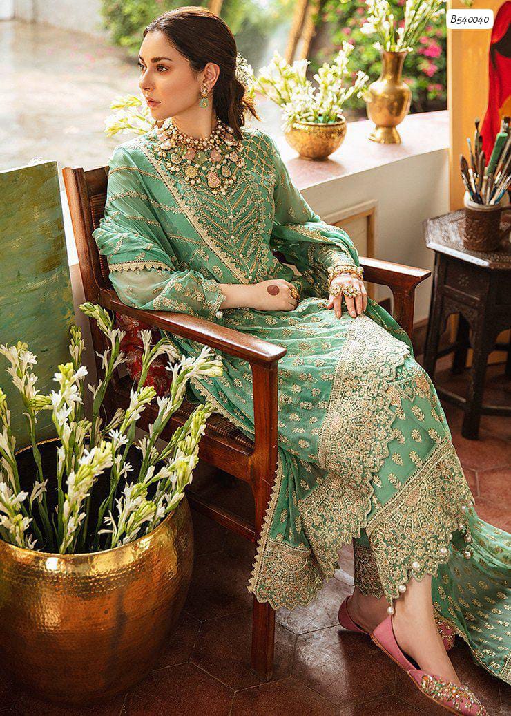 "Shenhai" Heavy Embroidered Chiffon 3-Piece Ensemble (Sea Green