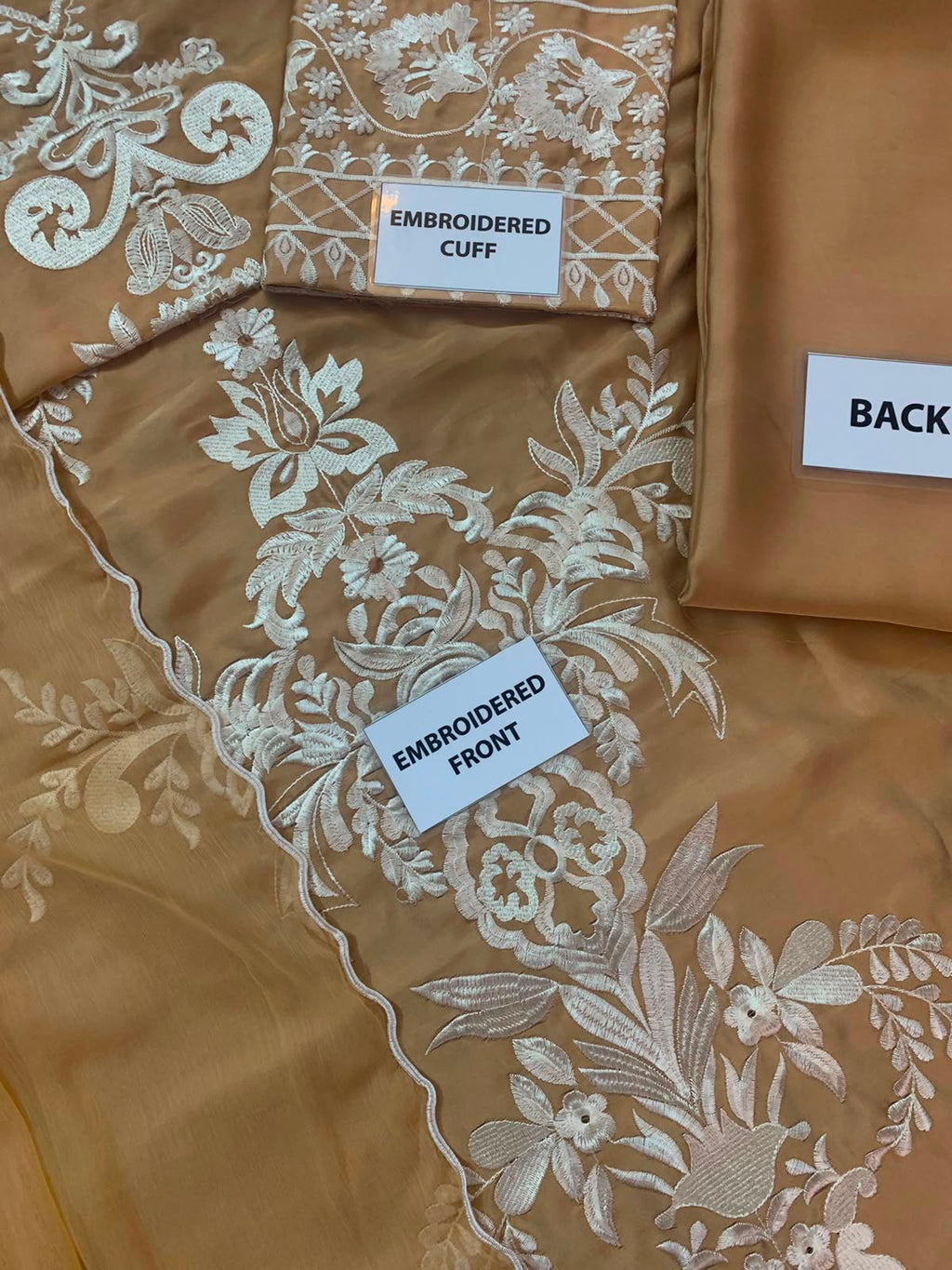 Premium Charmuse Silk Embroidered Suit with Chiffon Dupatta (Camel Gold)