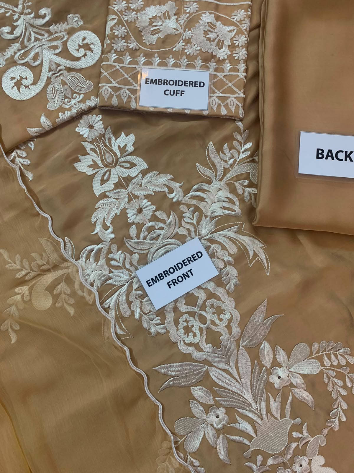 Premium Charmuse Silk Embroidered Suit with Chiffon Dupatta (Camel Gold)