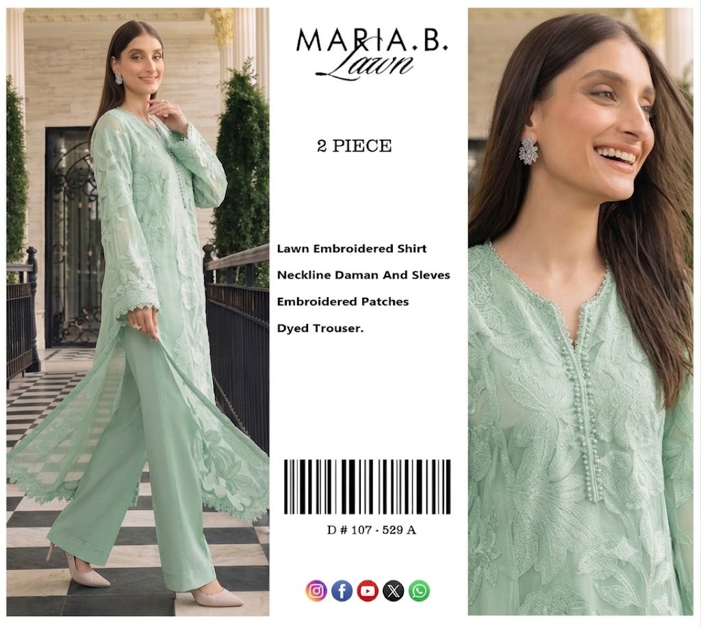 Mint Breeze — 2-Piece Luxury Embroidered Lawn Suit (Inspired by Maria.B. — MB-529A)