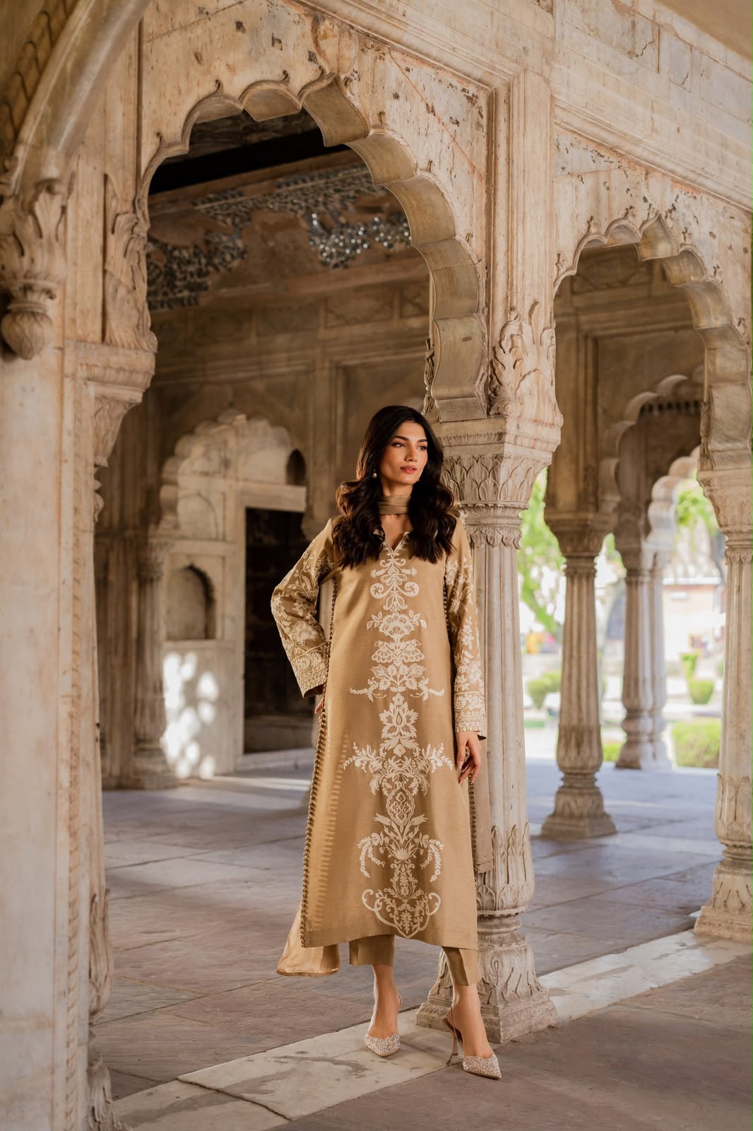 Premium Charmuse Silk Embroidered Suit with Chiffon Dupatta (Camel Gold)
