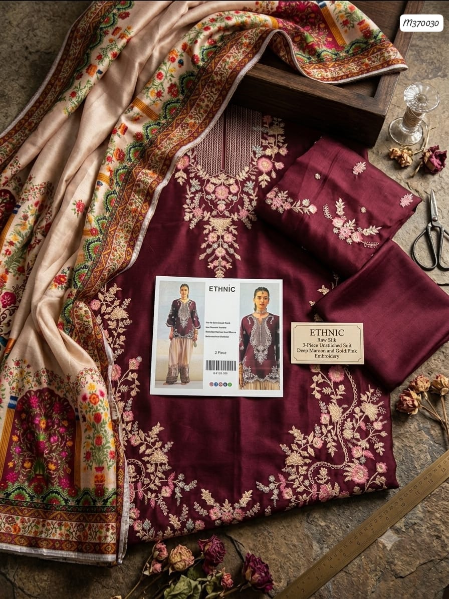 Outqlaas- Embroidered Raw Silk Ensemble (Deep Maroon)