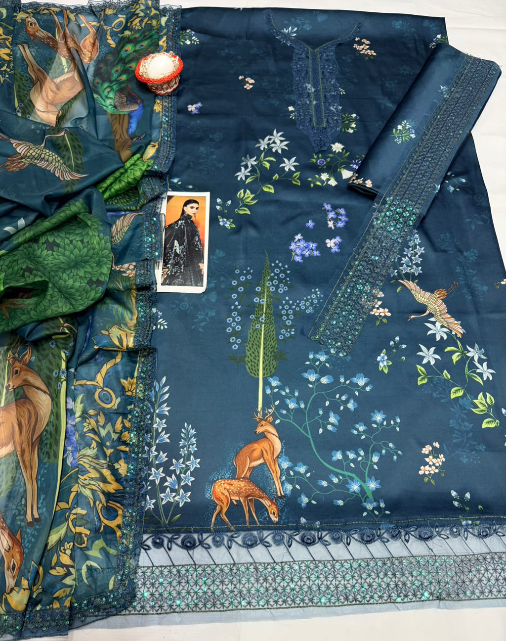 Teal Green Digital Print Silk Suit