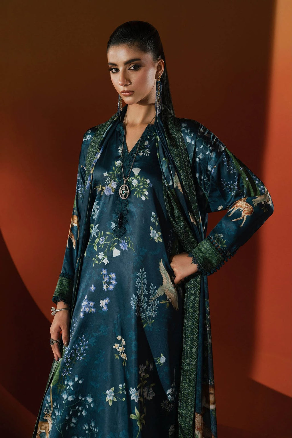 Teal Green Digital Print Silk Suit
