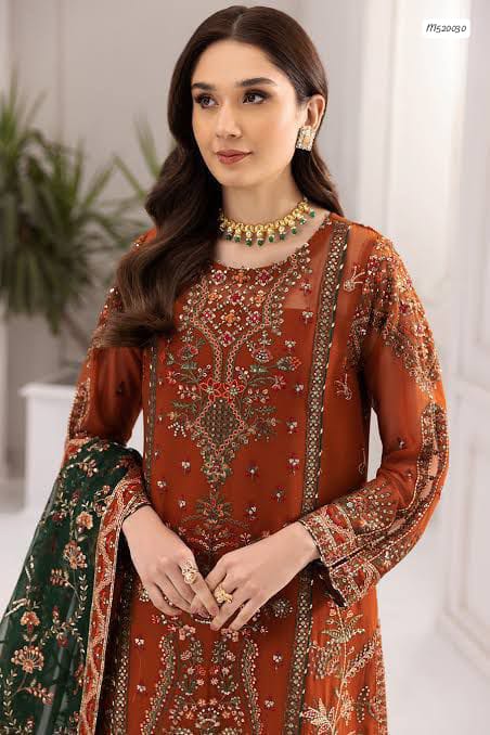 Rust Orange Luxury Embroidered Lawn Suit 3 Piece