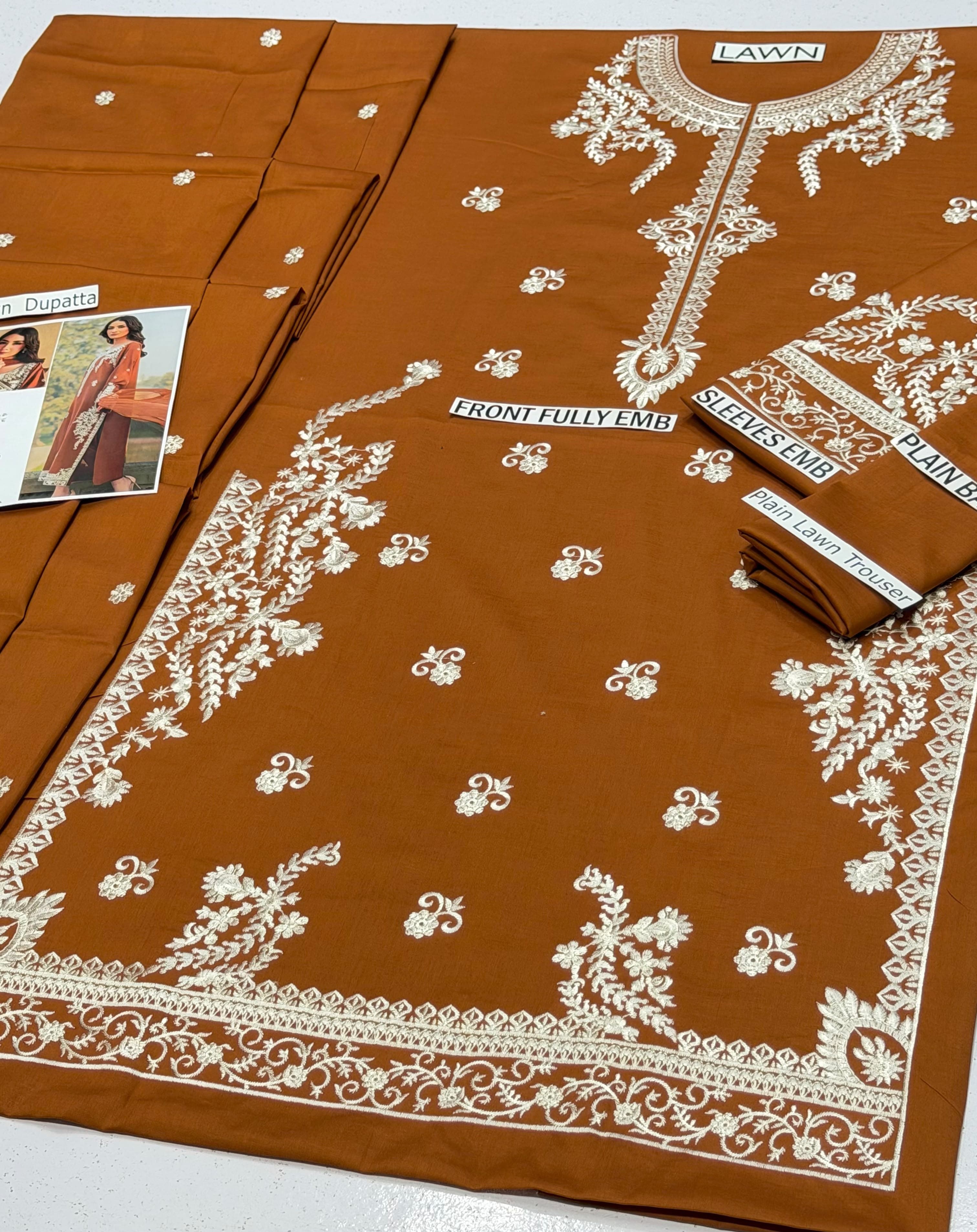 Amber Glow – 3pc unstitched Embroidered Lawn Suit (Inspired by Mirana HB-200333)